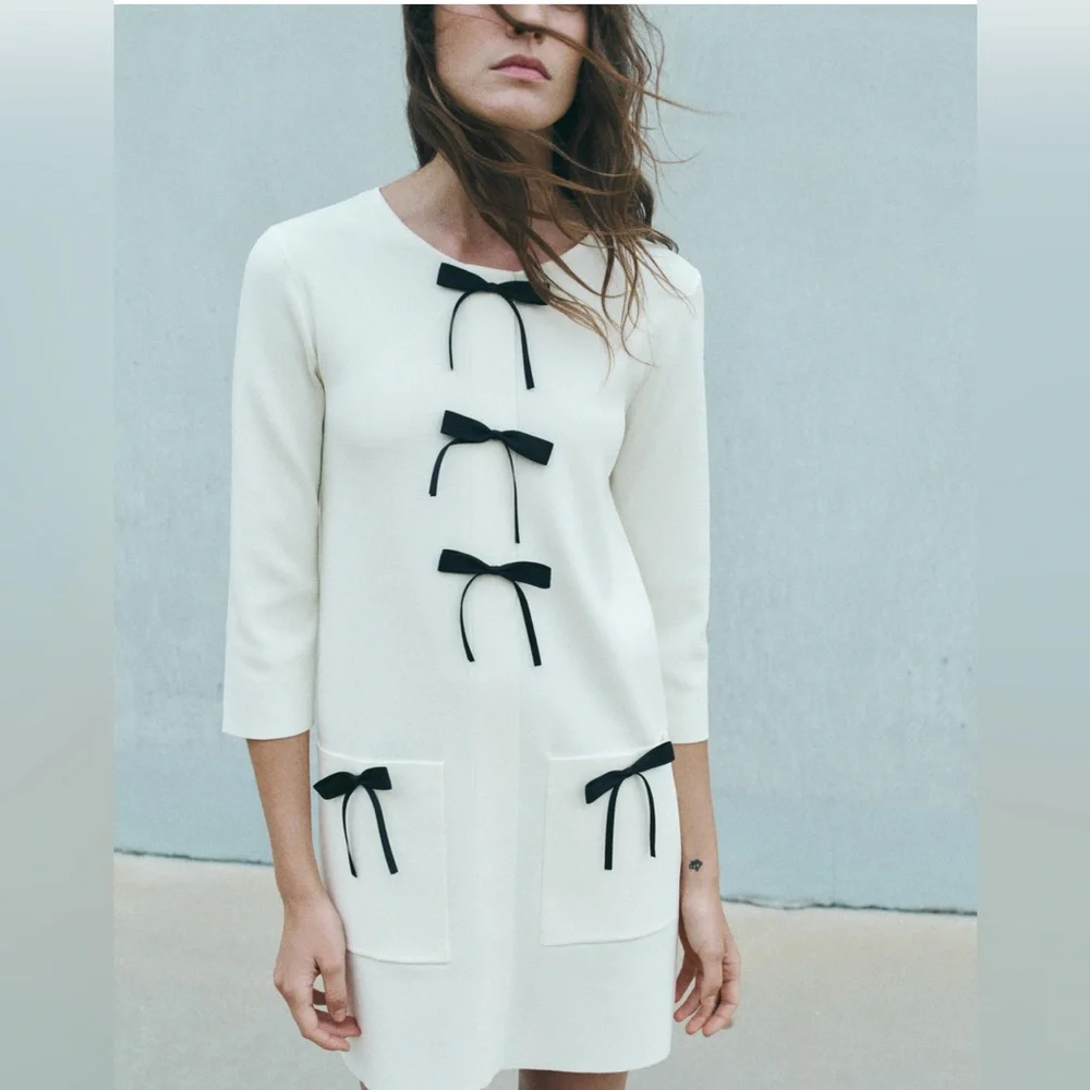 Zara Knit Long Sleeve Bow Dress Size XS - Picture 1 of 12